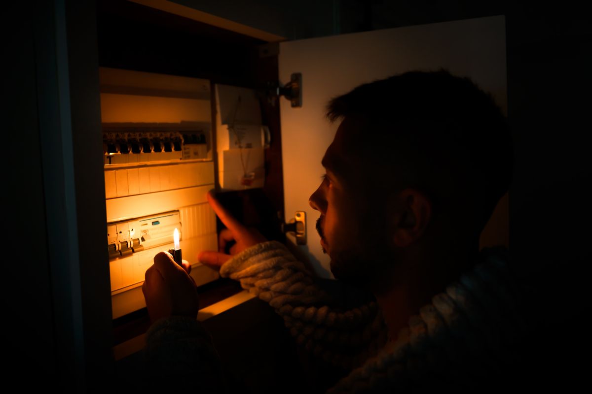 A man in a dark room using a lighter to illuminate an open electrical panel