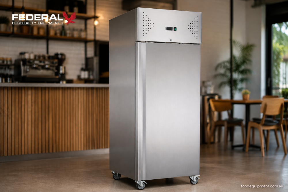 Stainless-steel upright commercial fridge in a modern Australian café, suitable for chilled food, ingredients and everyday hospitality refrigeration.