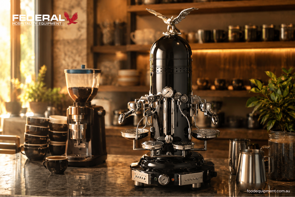 Premium commercial espresso coffee machine with professional coffee grinder in a modern Australian café interior.