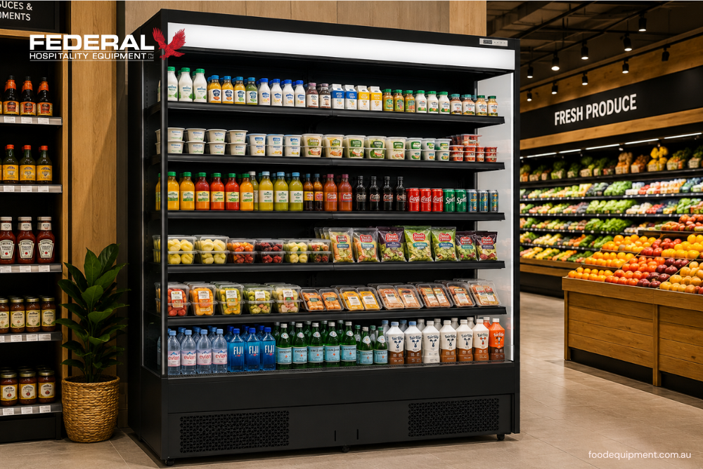 Open commercial refrigeration display fridge stocked with drinks, dairy products, salads, and fresh food inside a modern supermarket environment.