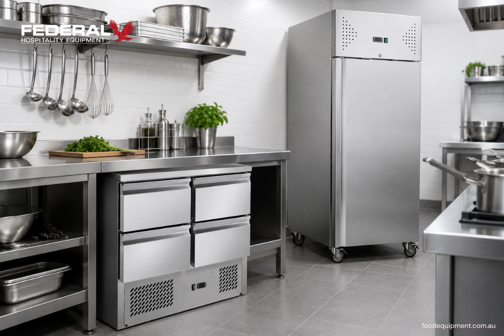 Commercial upright refrigerator and undercounter refrigeration unit in a professional restaurant kitchen for Australian cafés, restaurants, hotels, and hospitality businesses.