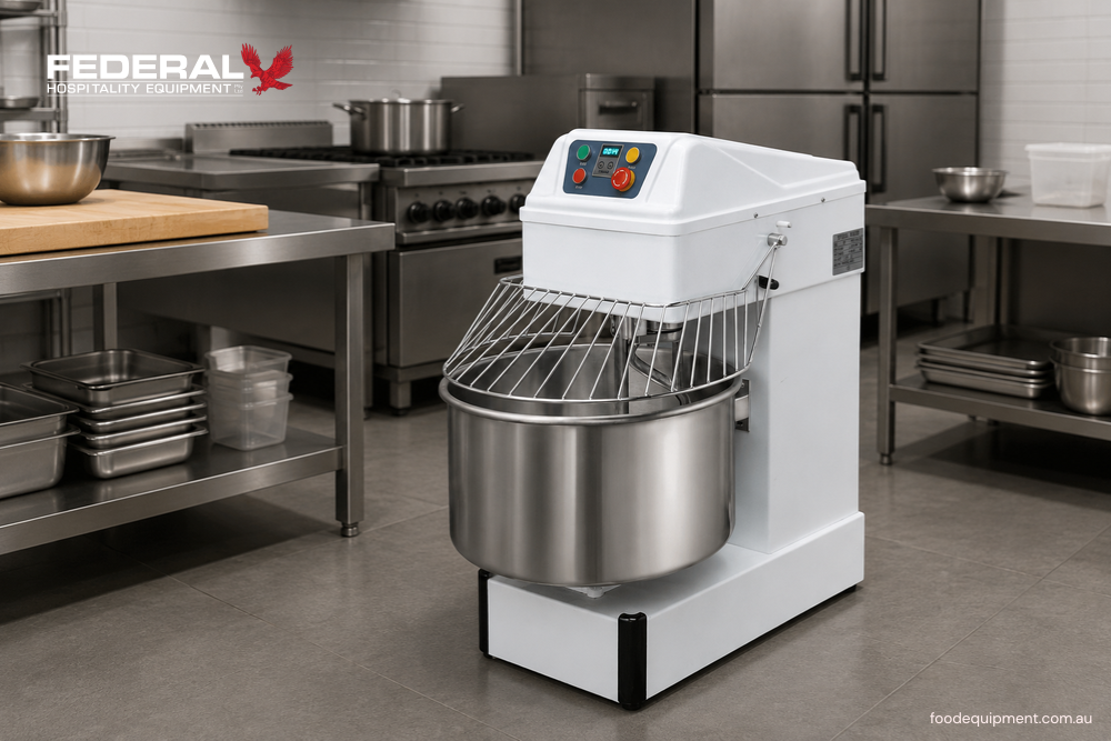 Commercial spiral dough mixer used for bread and pizza dough preparation in a professional bakery kitchen.