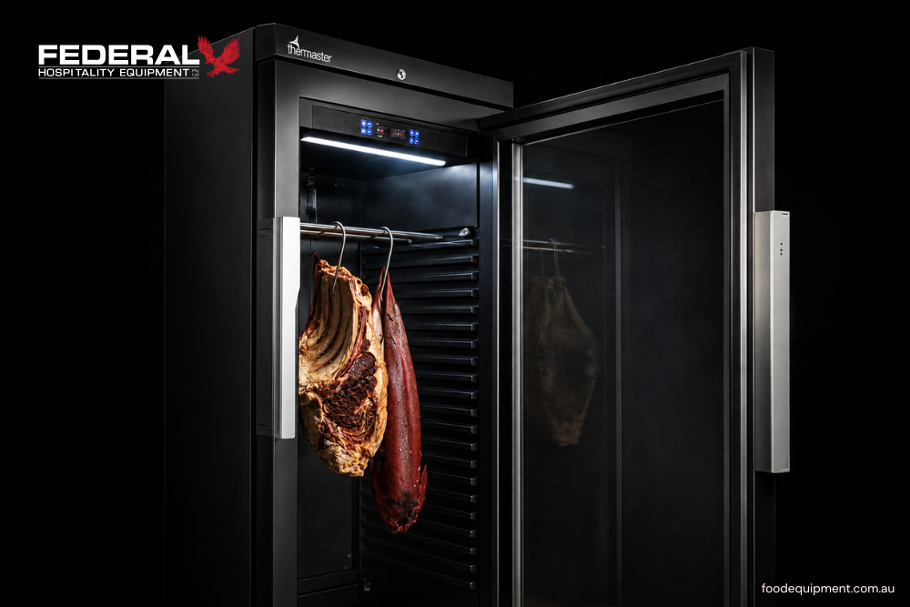 Thermaster commercial dry-aging cabinet with hanging beef cuts, designed for controlled meat maturation, flavour development, and premium steak preparation in Australian restaurants and butcher shops.