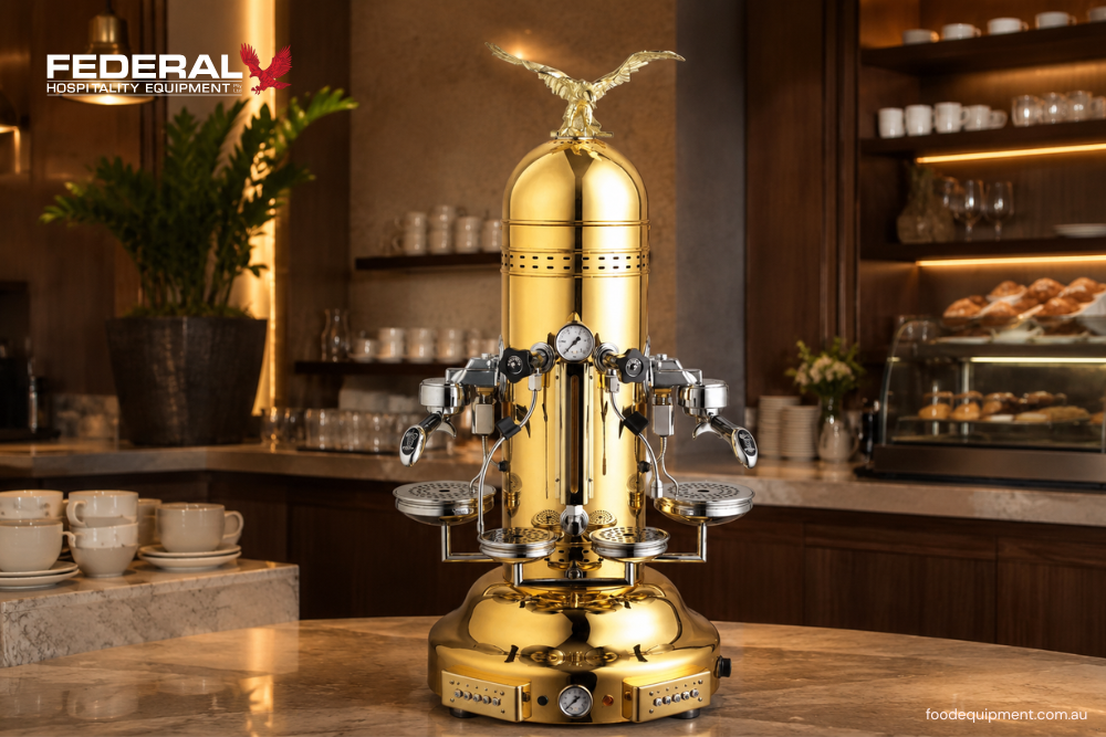 Commercial espresso machine with dual group heads in a premium café setting, designed for specialty coffee and high-volume hospitality businesses in Australia.