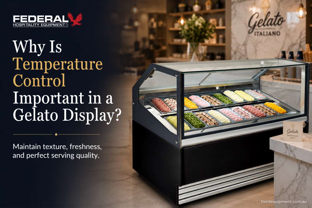 Commercial gelato display freezer showcasing assorted gelato flavours in an Australian gelato shop