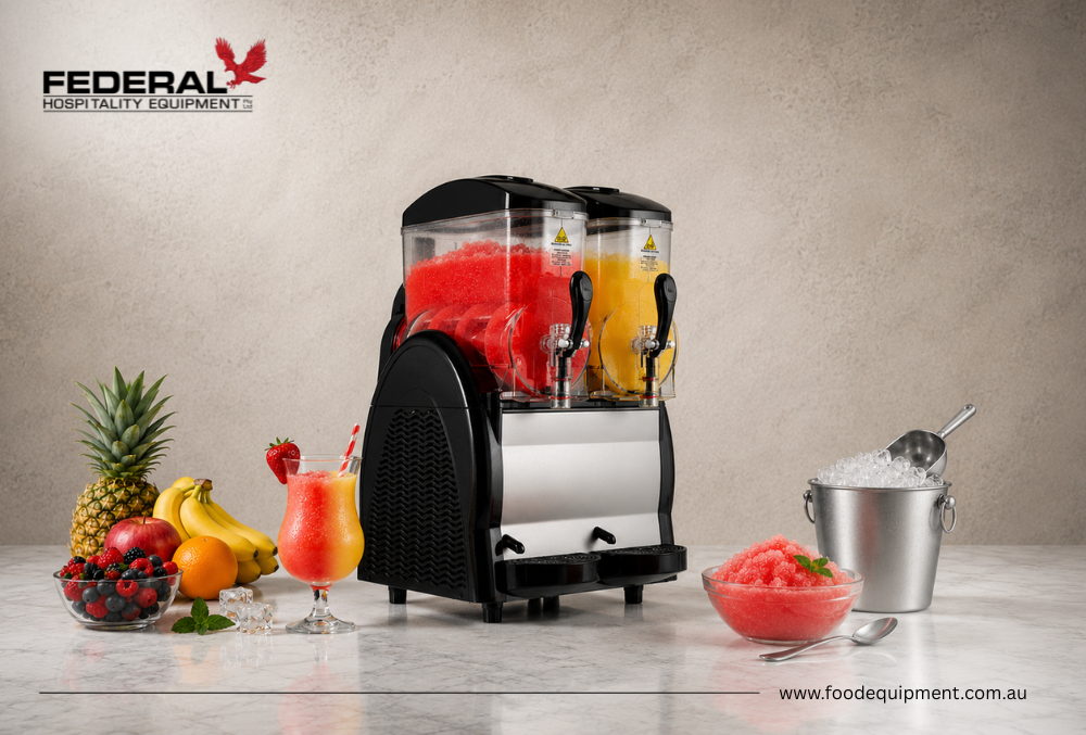 Professional dual-bowl granita and slushy dispenser used for serving frozen drinks in cafés, service stations, cinemas, restaurants, and hospitality venues, featuring high-visibility beverage display and commercial refrigeration technology.