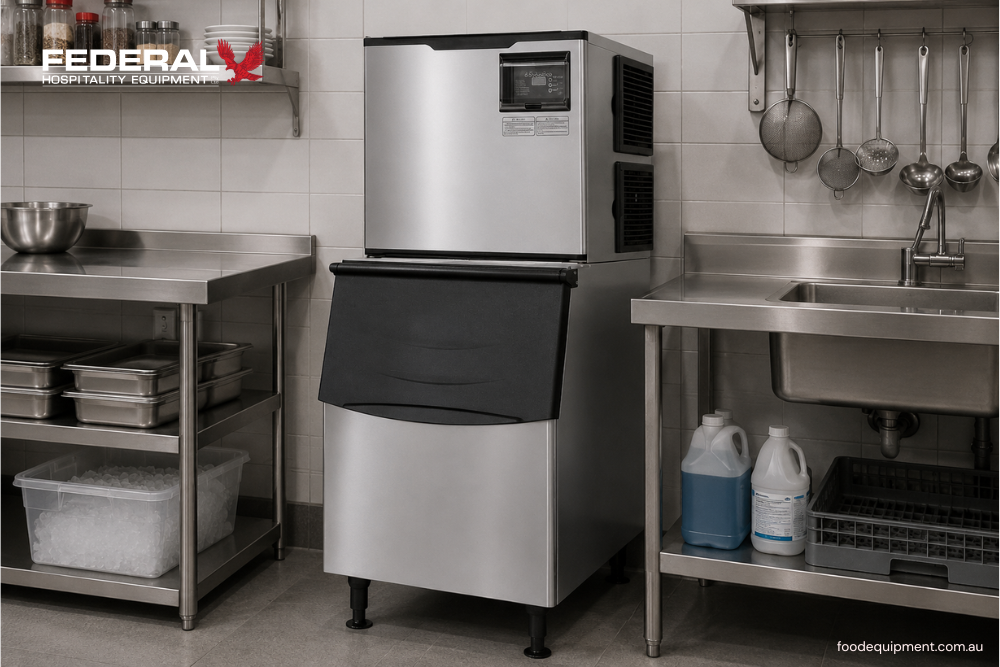 Commercial ice machine with integrated ice storage bin for professional hospitality and food service operations.