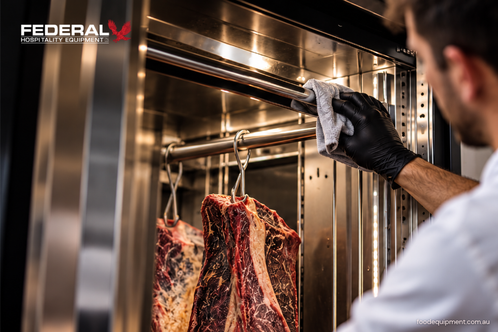 cleaning the interior of a commercial meat aging cabinet with dry-aged beef hanging inside