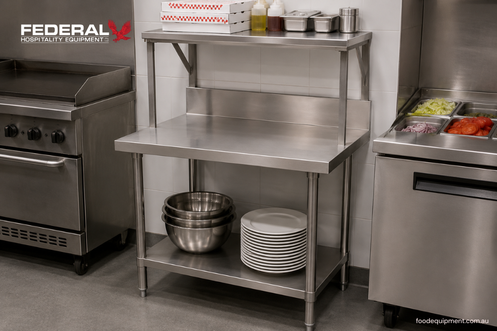 Professional stainless steel salamander workbench with preparation area, overhead storage shelf, and lower storage shelf used in a commercial kitchen environment.