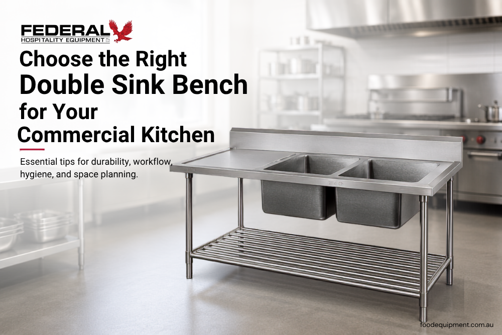 Double sink bench with splashback and undershelf in a commercial kitchen