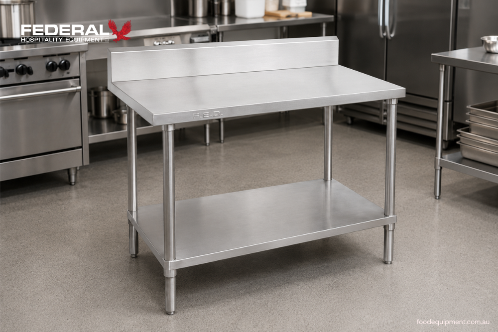 Commercial stainless steel preparation bench with splashback and undershelf, designed for food preparation, storage, and hygienic workflow in Australian commercial kitchens.