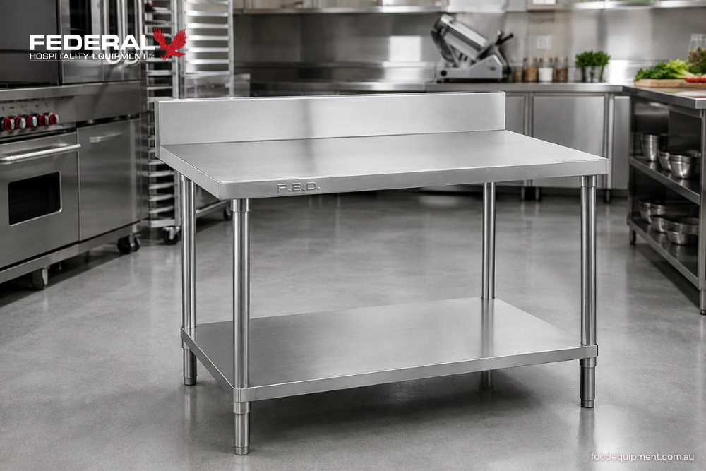 Stainless steel splashback bench with undershelf in a professional commercial kitchen
