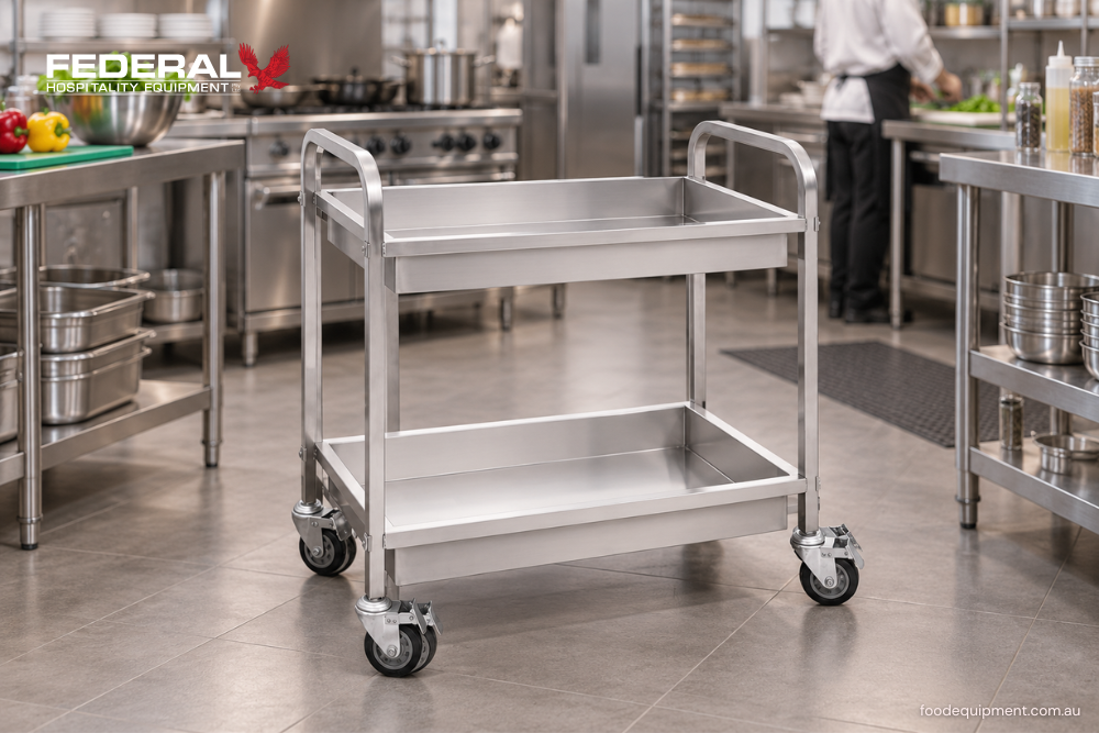 Two-shelf stainless steel commercial kitchen trolley with castors in a professional Australian kitchen