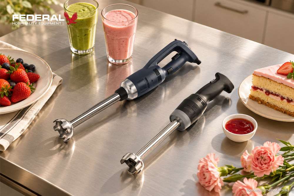 Commercial stick blenders on a stainless-steel bench with smoothies and food preparation ingredients in an Australian kitchen