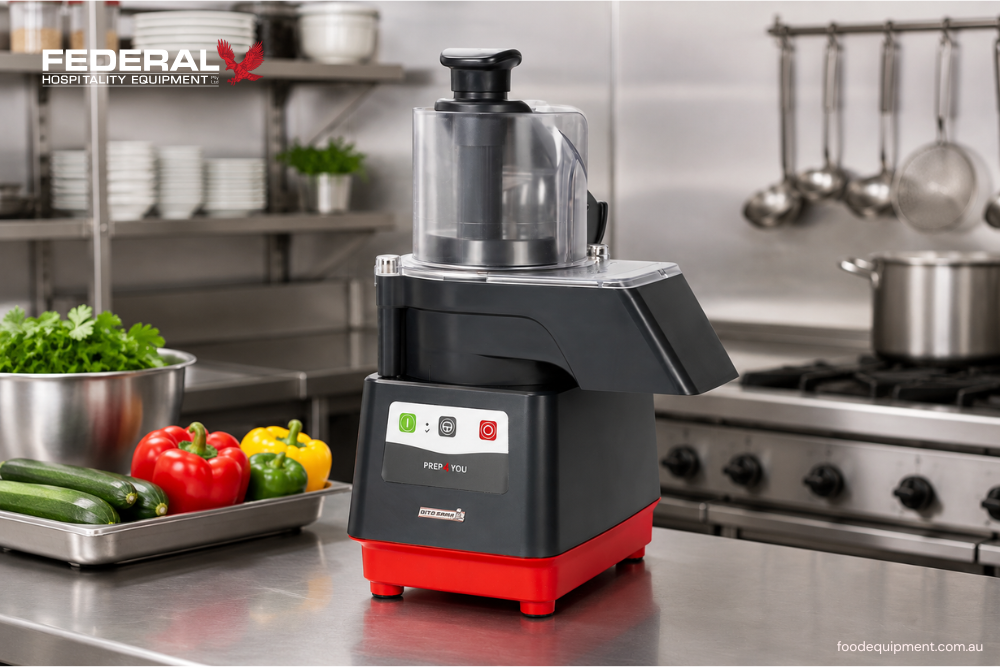 Commercial vegetable prep machine slicing fresh vegetables in a professional Australian hospitality kitchen.