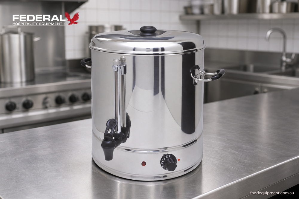 Commercial stainless steel water boiler for fast tea and hot beverage service in Australian cafés, restaurants, offices, hotels, and catering kitchens.