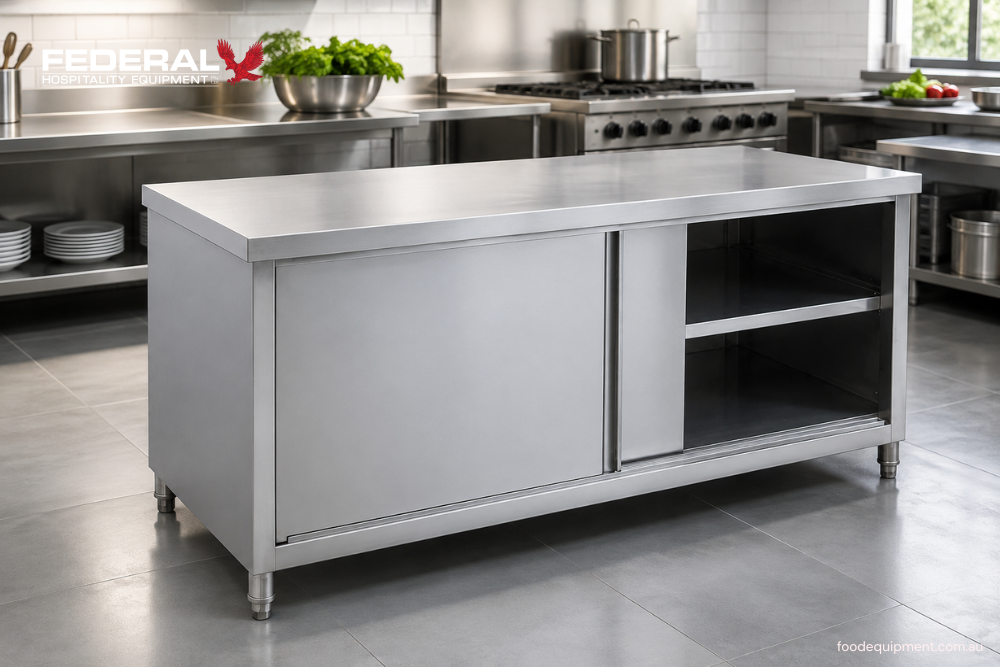 Stainless steel workbench cabinet with enclosed storage and food preparation surface for commercial kitchens, restaurants, cafés, and hospitality venues in Australia.