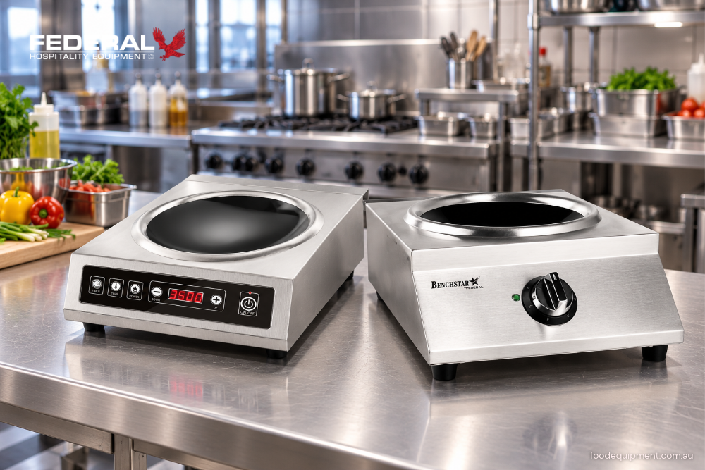 Two stainless steel benchtop induction wok cookers with digital and manual controls in a professional commercial kitchen, featuring Benchstar equipment.