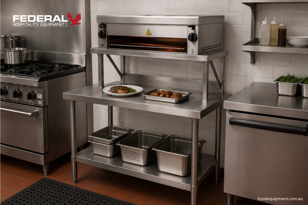 Commercial stainless steel salamander bench with overhead grill shelf and undershelf storage positioned inside a professional hospitality kitchen in Australia.