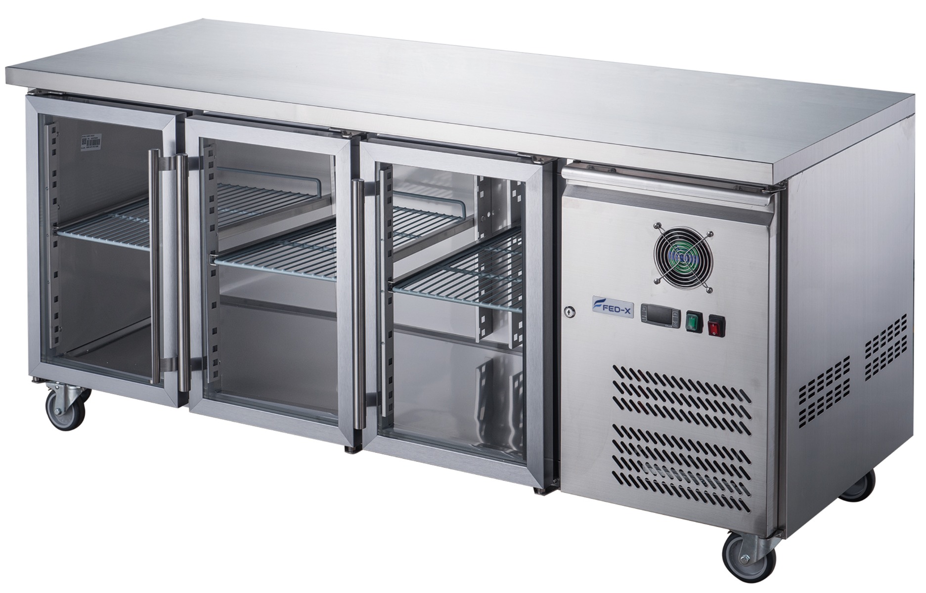 FED-X XUB6C18G3V Three Glass Door Bench Fridge Stainless Steel