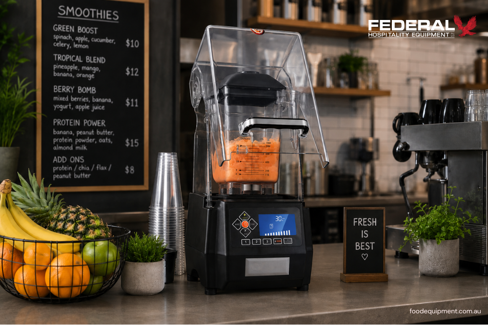 commercial blender making fresh fruit smoothie in café kitchen by Federal Hospitality Equipment
