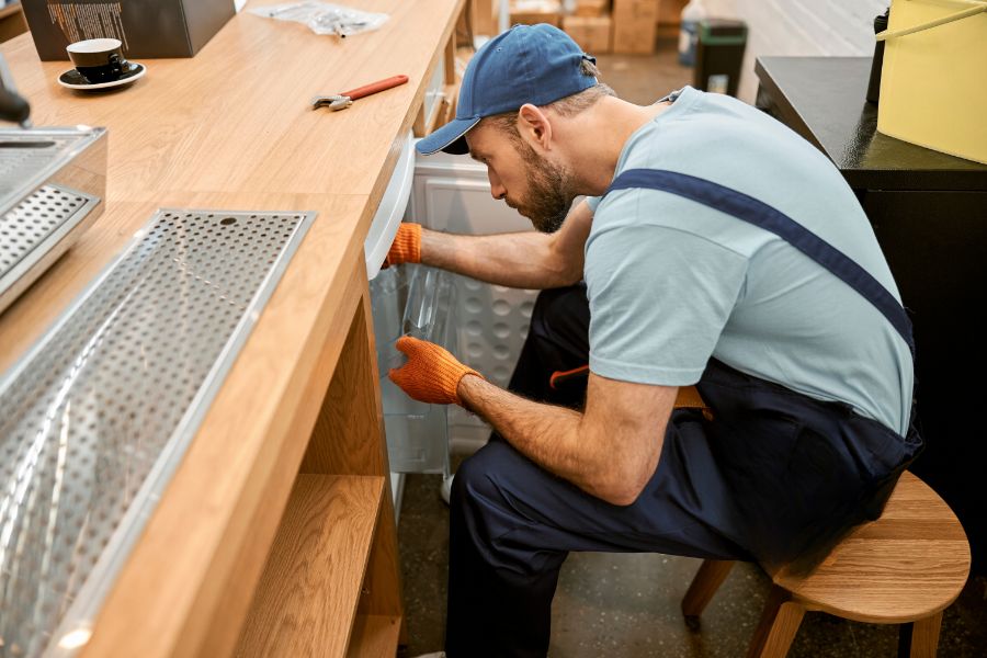 man tinkering the bar fridge