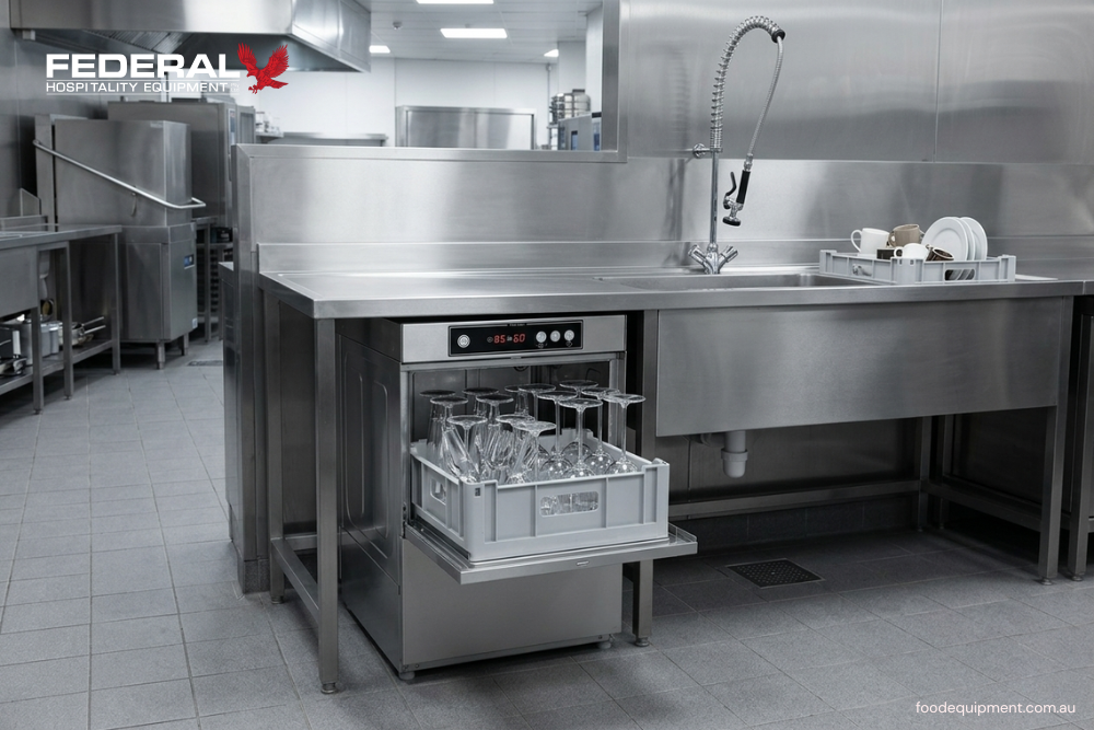 Commercial under bench dishwasher cleaning glassware in a professional restaurant kitchen, providing efficient sanitisation for hospitality businesses.