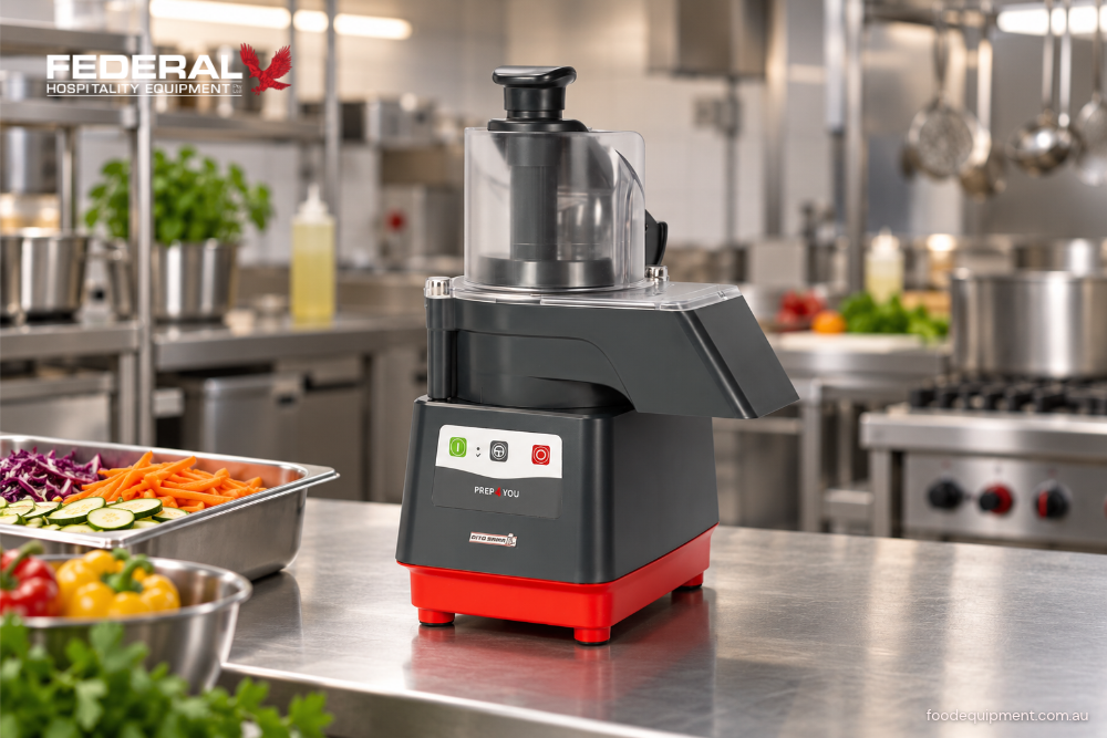Dito Sama PREP4YOU commercial vegetable cutter and slicer on a stainless-steel bench with prepared vegetables in an Australian kitchen